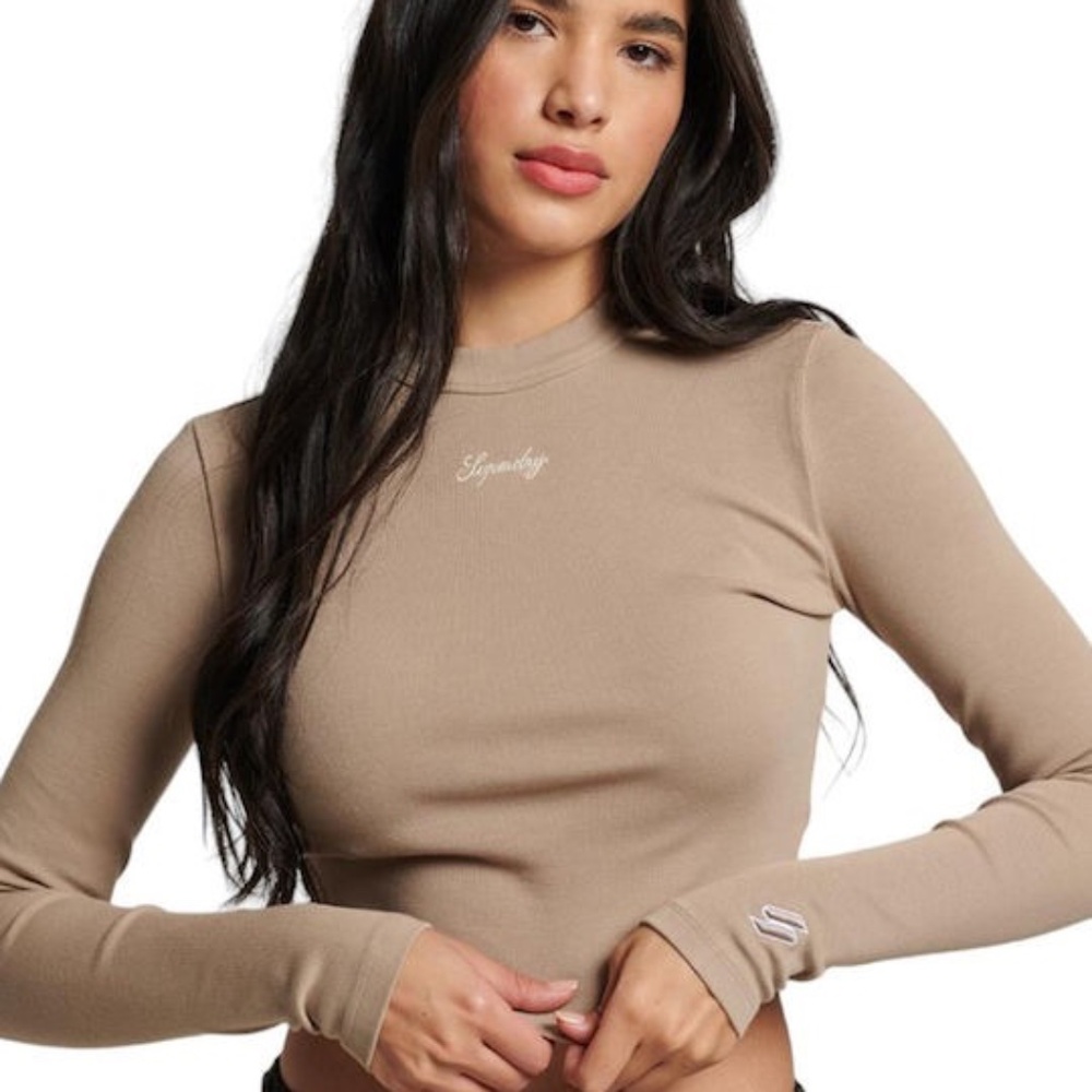 Superdry Rib Long Sleeve Fitted Crop Top Womens Medium Beige Casual Neutral